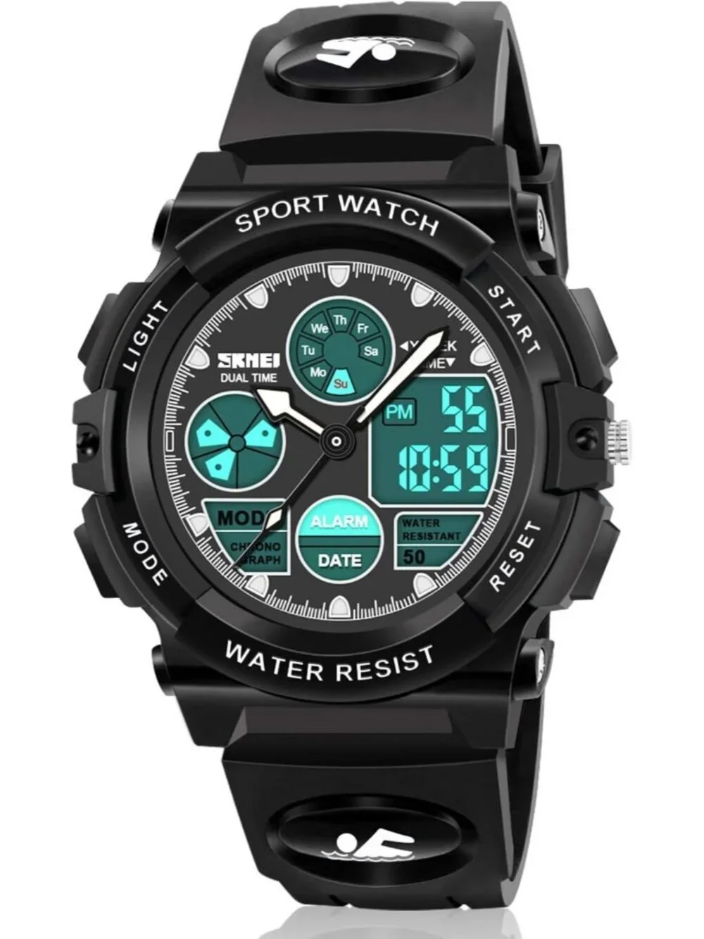 Kid's All Black Analog Quartz Multi Function Waterproof Round LED Digital Watch